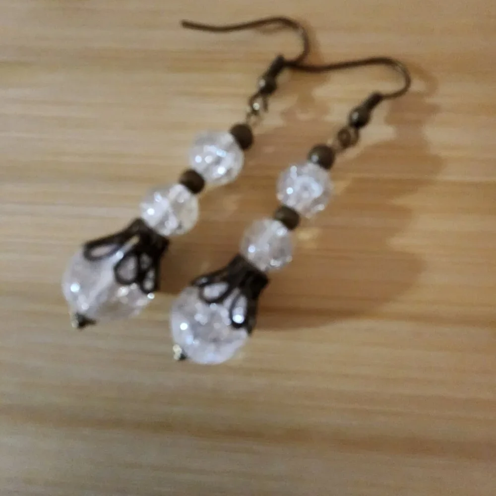 Hand Crafted Earrings Pierced Clear Bronze Beaded Dangle